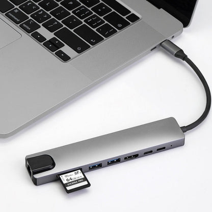 WC7367 8 in 1 87W Type-C to PD+USB3.0/USB2.0+SD+TF+HDMI+RJ45+Type-c Docking Station HUB, WC7367