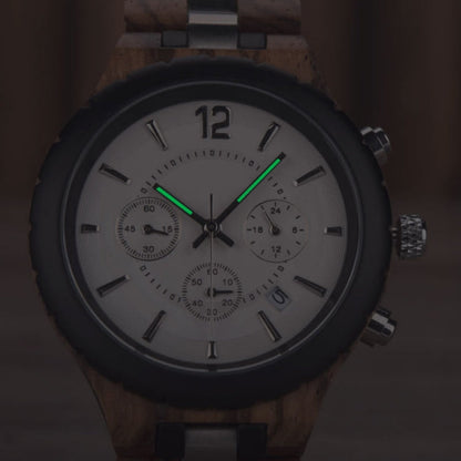 D21 Men Wooden Strap Stainless Steel Luminous Waterproof Watch, White, Black