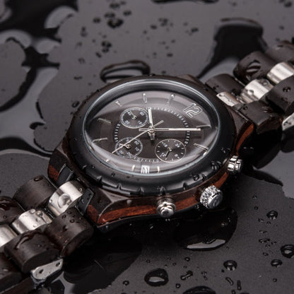 D21 Men Wooden Strap Stainless Steel Luminous Waterproof Watch, White, Black