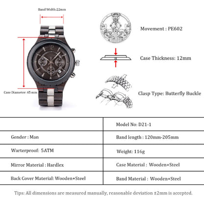 D21 Men Wooden Strap Stainless Steel Luminous Waterproof Watch, White, Black