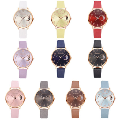 Ladies Moon Pattern Dial PU Strap Quartz Watch, White, Yellow, Red, Purple, Blue, Black, Pink, Grey, Brown, Red+Bracelet, Black+Bracelet, Tianlan+Bracelet