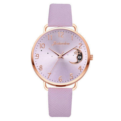 Ladies Moon Pattern Dial PU Strap Quartz Watch, White, Yellow, Red, Purple, Blue, Black, Pink, Grey, Brown, Red+Bracelet, Black+Bracelet, Tianlan+Bracelet