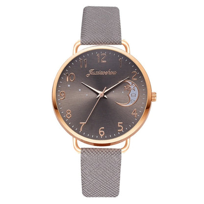 Ladies Moon Pattern Dial PU Strap Quartz Watch, White, Yellow, Red, Purple, Blue, Black, Pink, Grey, Brown, Red+Bracelet, Black+Bracelet, Tianlan+Bracelet