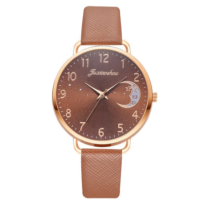 Ladies Moon Pattern Dial PU Strap Quartz Watch, White, Yellow, Red, Purple, Blue, Black, Pink, Grey, Brown, Red+Bracelet, Black+Bracelet, Tianlan+Bracelet