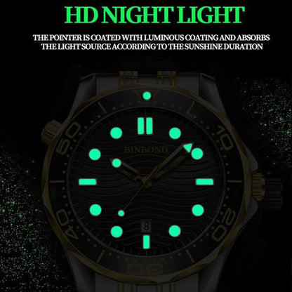 BINBOND B2820 Luminous 30m Waterproof Men Sports Quartz Watch, Inter-gold Black Surface, Inter-gold Blue Surface, Blue Silicon White Steel Blue