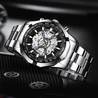BINBOND S033 Hollowed Mechanical 30m Waterproof Luminous Quartz Watch, Black Steel-Black-Gold, Black Steel-Black-Rose Gold, Full Gold-Black-Gold, Blue Steel-Blue