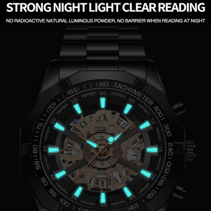 BINBOND S033 Hollowed Mechanical 30m Waterproof Luminous Quartz Watch, Black Steel-Black-Gold, Black Steel-Black-Rose Gold, Full Gold-Black-Gold, Blue Steel-Blue