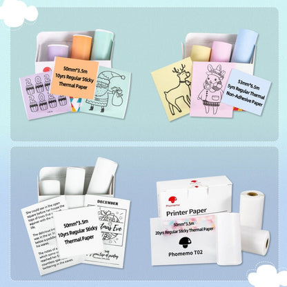 For Phomemo T02 3rolls Bluetooth Printer Thermal Paper Label Paper, 53mmx6.5m 10 Years Black on White No Adhesive, 50mmx3.5m 2 Years Black on White Sticker, 50mmx3.5m 10 Years Black on White Sticker, 50mmx3m 5 Years Blue on White Sticker               ...