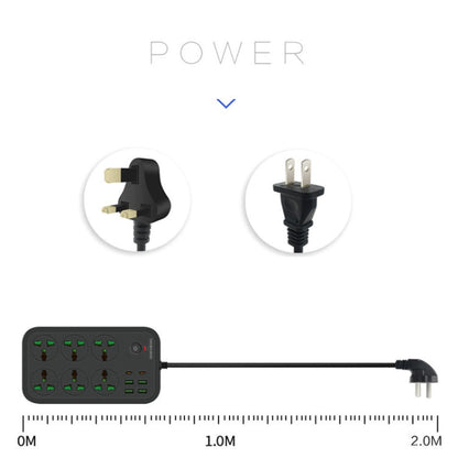 T24 2m 3000W 6 Plugs + PD + 4-USB Ports Multifunctional Flame-Retardant Socket With Switch, UK Plug, US Plug