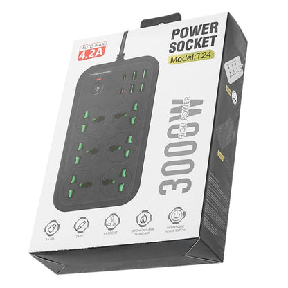 T24 2m 3000W 6 Plugs + PD + 4-USB Ports Multifunctional Flame-Retardant Socket With Switch, UK Plug, US Plug