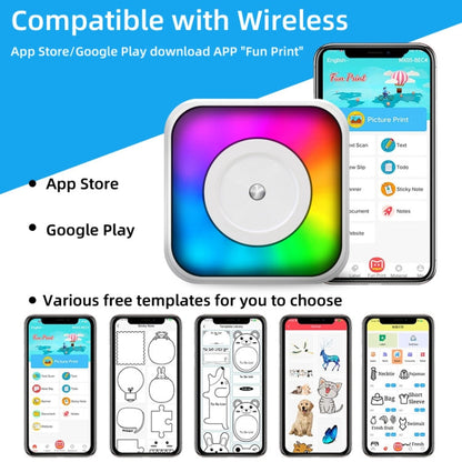 RGB Light Portable Mini Bluetooth Printer Inkless Document Label Printer, with 1-Roll Paper, with 5-Rolls Paper, with 5-Rolls Stickers, with 5 Paper+5 Stickers+3 Color Paper