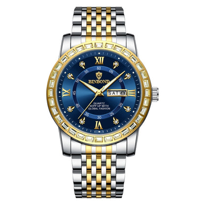 BINBOND B2202 Diamond Dual-calendar Luminous Quartz Watch, Inter-gold-Blue, Inter-gold-Green, Inter-gold-Black, Inter-gold-White, Full-gold-Gold, Full-gold-Black, White Steel-Blue, White Steel-Black
