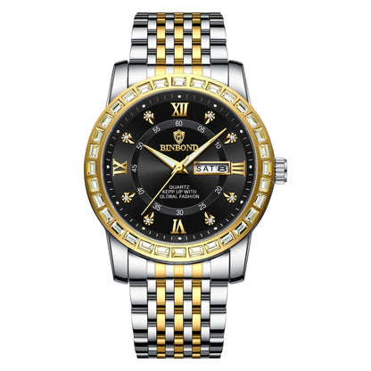 BINBOND B2202 Diamond Dual-calendar Luminous Quartz Watch, Inter-gold-Blue, Inter-gold-Green, Inter-gold-Black, Inter-gold-White, Full-gold-Gold, Full-gold-Black, White Steel-Blue, White Steel-Black