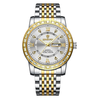BINBOND B2202 Diamond Dual-calendar Luminous Quartz Watch, Inter-gold-Blue, Inter-gold-Green, Inter-gold-Black, Inter-gold-White, Full-gold-Gold, Full-gold-Black, White Steel-Blue, White Steel-Black