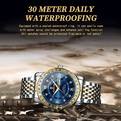 BINBOND B2202 Diamond Dual-calendar Luminous Quartz Watch, Inter-gold-Blue, Inter-gold-Green, Inter-gold-Black, Inter-gold-White, Full-gold-Gold, Full-gold-Black, White Steel-Blue, White Steel-Black