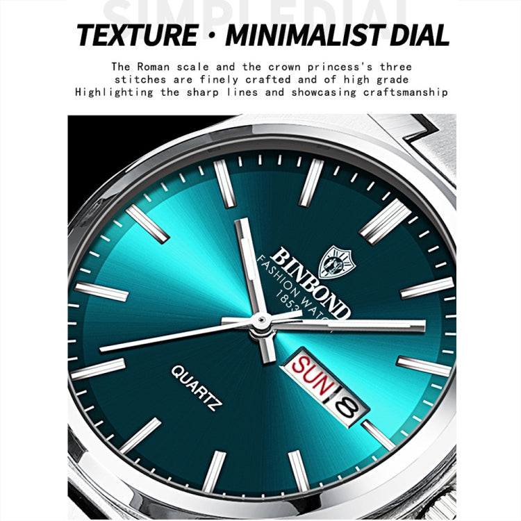 BINBOND B102 Dual-calendar Leisure Waterproof Luminous Quartz Watch, White Steel-Blue