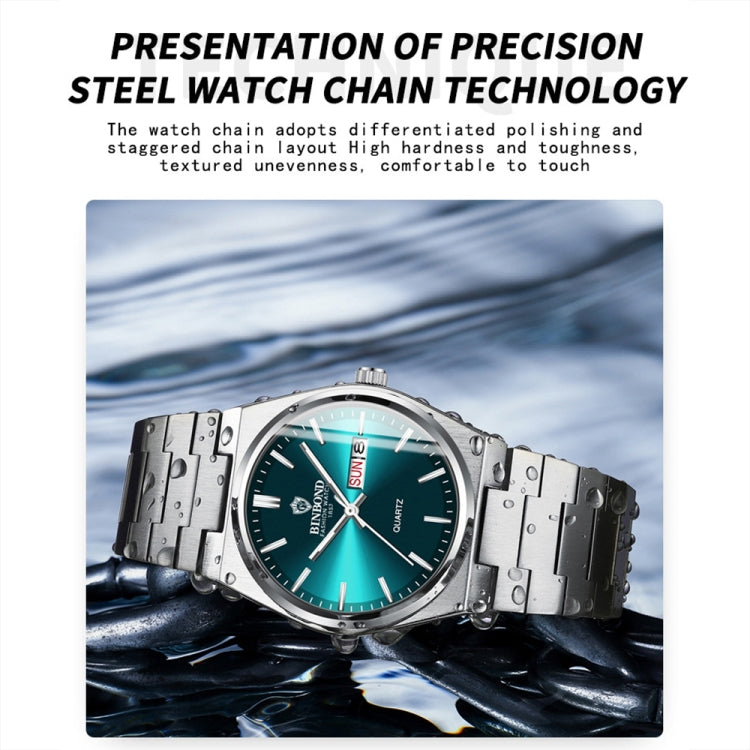 BINBOND B102 Dual-calendar Leisure Waterproof Luminous Quartz Watch, White Steel-Blue