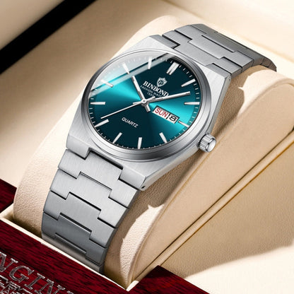 BINBOND B102 Dual-calendar Leisure Waterproof Luminous Quartz Watch, White Steel-Blue