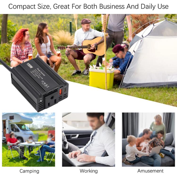 150W PD20W QC3.0 Fast Charging Car Inverter Car Cigarette Lighter Power Supply Adapter, US Plug, EU Plug