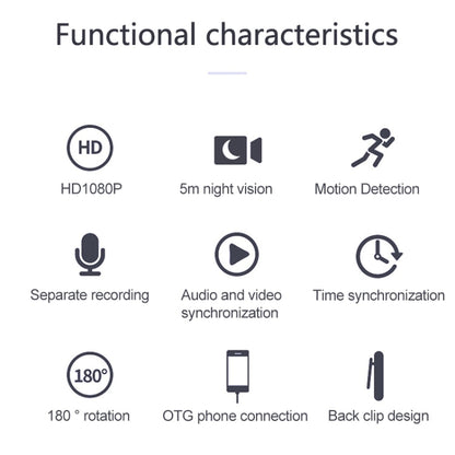 B19 Back Clip Design 1080P HD Camera Video Recorder, Support Motion Detection / Infrared Night Vision /180 Degrees Rotation Camera / TF Card / OTG