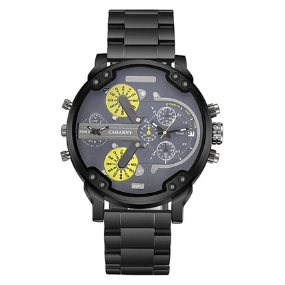CAGARNY 6820 Fashionable Business Style Large Dial Dual Time Zone Quartz Movement Wrist Watch with Stainless Steel Band & Calendar Function for Men((Black Steel Band Blue Window), Black Steel Band Blue Window, Steel Band White Window                   ...