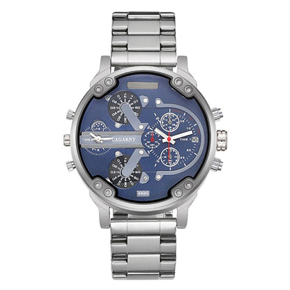 CAGARNY 6820 Fashionable Business Style Large Dial Dual Time Zone Quartz Movement Wrist Watch with Stainless Steel Band & Calendar Function for Men((Black Steel Band Blue Window), Black Steel Band Blue Window, Steel Band White Window                   ...