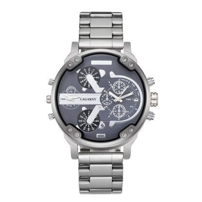 CAGARNY 6820 Fashionable Business Style Large Dial Dual Time Zone Quartz Movement Wrist Watch with Stainless Steel Band & Calendar Function for Men((Black Steel Band Blue Window), Black Steel Band Blue Window, Steel Band White Window                   ...