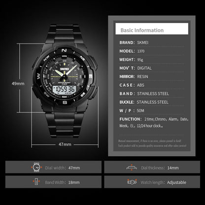 SKMEI 1370 Multifunctional Men Outdoor Sports Noctilucent Waterproof Stainless Steel Digital Wrist Watch, SKMEI 1370