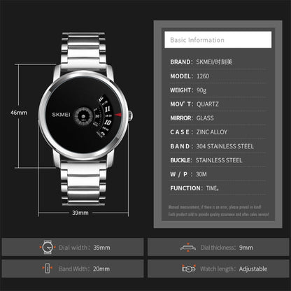 SKMEI 1260 Fashion Creative Pointer 30m Waterproof Quartz Wrist Watch with Stainless Steel Watchband