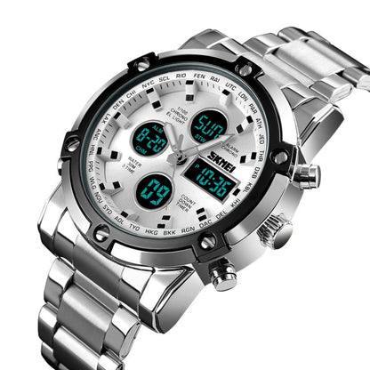 SKMEI 1389 Multifunctional Men Business Digital Watch 30m Waterproof Large Dial Wrist Watch with Stainless Steel Watchband , 1389 Silver, 1389 Black, 1389 Blue