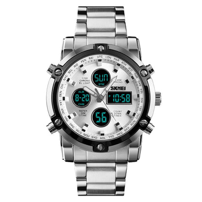 SKMEI 1389 Multifunctional Men Business Digital Watch 30m Waterproof Large Dial Wrist Watch with Stainless Steel Watchband , 1389 Silver, 1389 Black, 1389 Blue