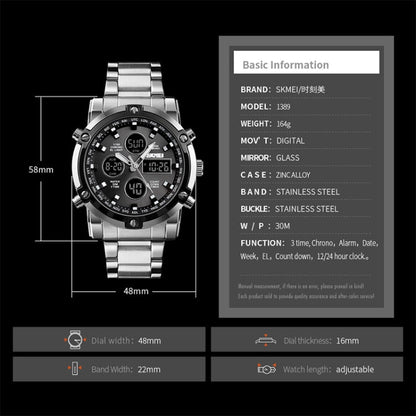 SKMEI 1389 Multifunctional Men Business Digital Watch 30m Waterproof Large Dial Wrist Watch with Stainless Steel Watchband , 1389 Silver, 1389 Black, 1389 Blue