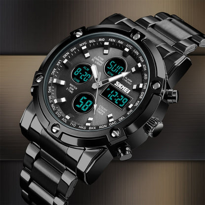 SKMEI 1389 Multifunctional Men Business Digital Watch 30m Waterproof Large Dial Wrist Watch with Stainless Steel Watchband , 1389 Silver, 1389 Black, 1389 Blue
