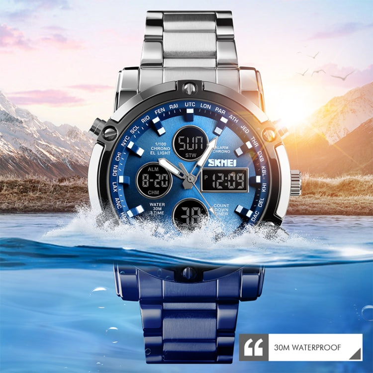 SKMEI 1389 Multifunctional Men Business Digital Watch 30m Waterproof Large Dial Wrist Watch with Stainless Steel Watchband , 1389 Silver, 1389 Black, 1389 Blue