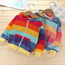 Autumn Horizontal Striped Long-sleeved Zipper Cardigan Hooded Jacket For Girls (Color:Blue Yellow Stripes Size:140cm), 100cm