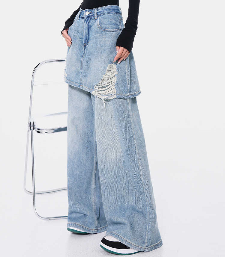 Two-Tone Vintage Wash Straight Leg Jeans – High Waist Denim