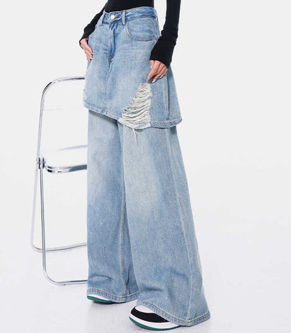 Two-Tone Vintage Wash Straight Leg Jeans – High Waist Denim