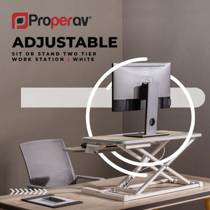 ProperAV Two Tier Stand Up Desk Converter Worktop with Gas Spring Lift & Variable Height Settings - White