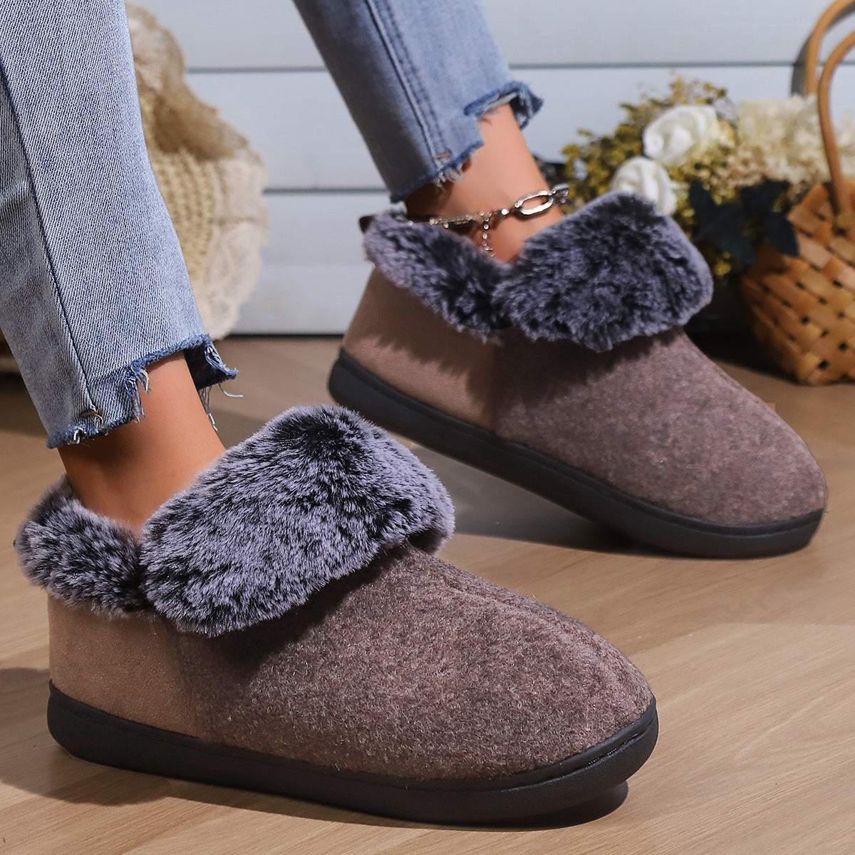 Neutral Felt Fur Collar Heel Cotton Shoes Wine Red Winter Indoor Shoes Comfortable Memory Foam