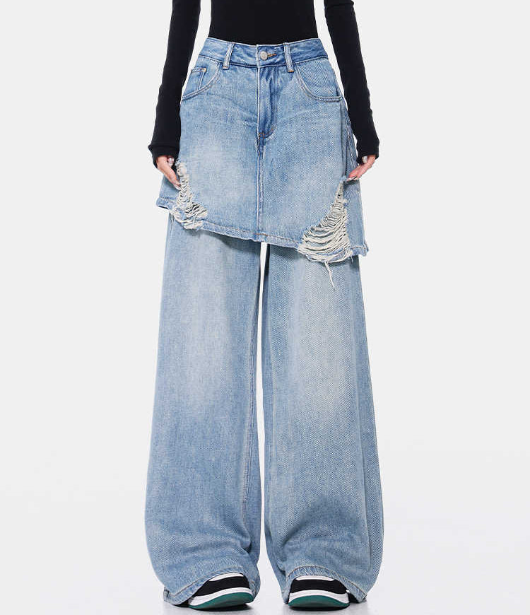 Two-Tone Vintage Wash Straight Leg Jeans – High Waist Denim