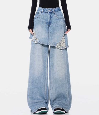 Two-Tone Vintage Wash Straight Leg Jeans – High Waist Denim