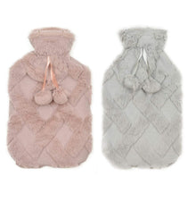 Diamond Fleece Plush Hot Water Bottle 2L with Pom Poms for Ultimate Warmth and Comfort Natural Rubber UK Safe Tested Ideal Gift for Adults Kids by OLIVIA ROCCO