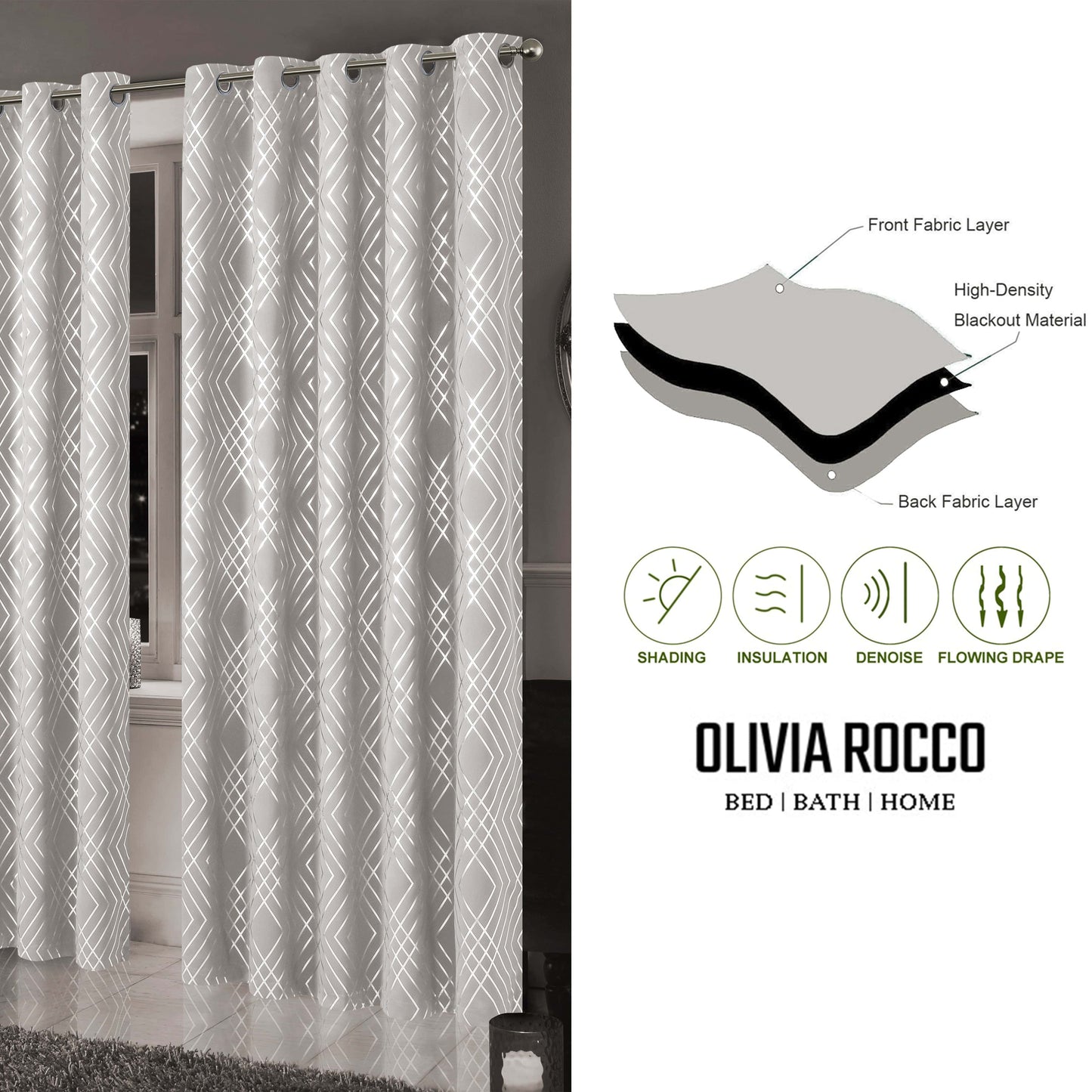 Geometric Natural Sparkle Blackout Curtains Soft Thermal Insulated Eyelet Ring Top Living Room & Bedroom Drapes by OLIVIA ROCCO