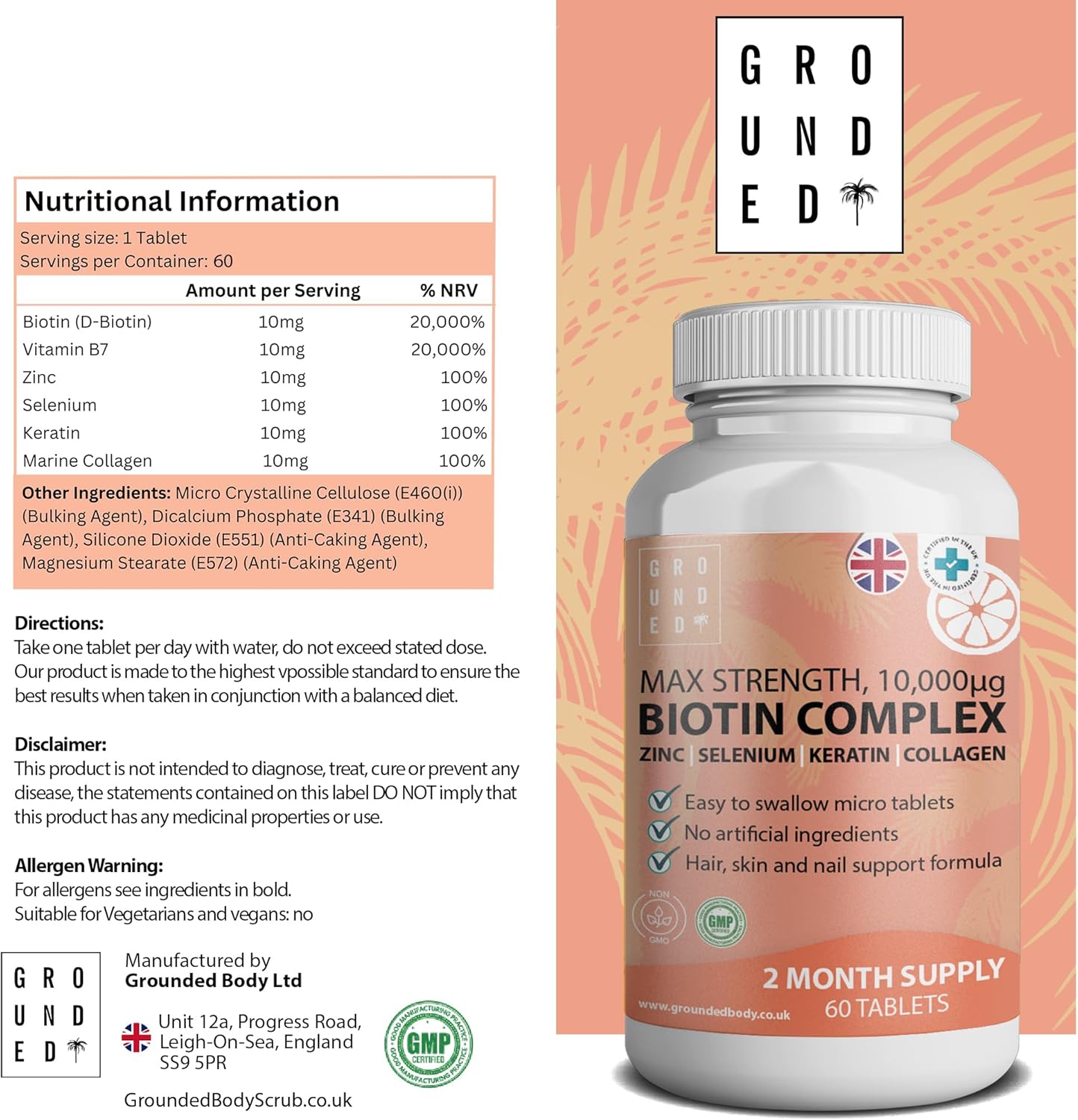 Grounded Biotin Hair Growth Complex 10,000mcg Tablets – Hair Strength, Thickness & Volume Support