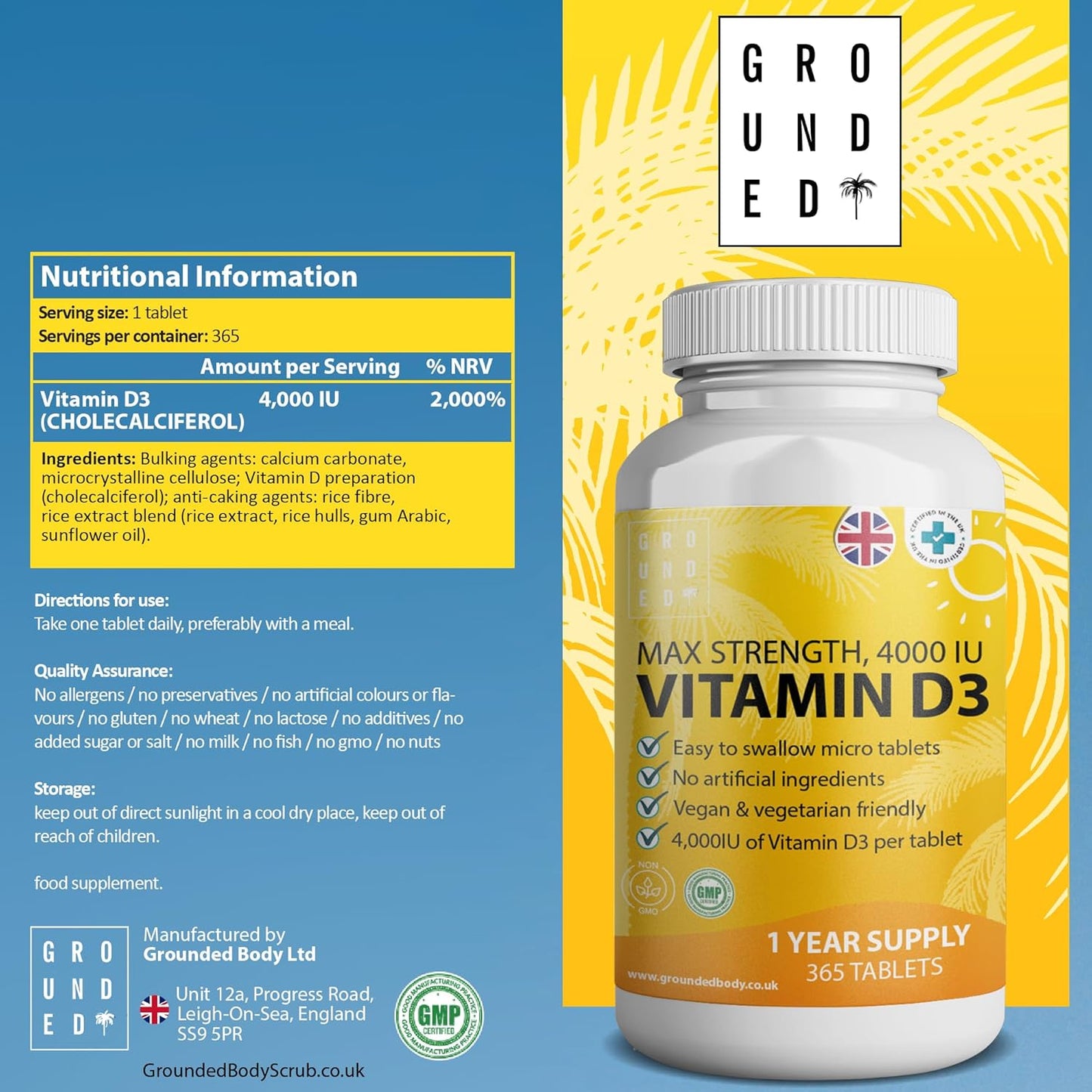 Grounded Vitamin D3 4000 IU – 365 Tablets