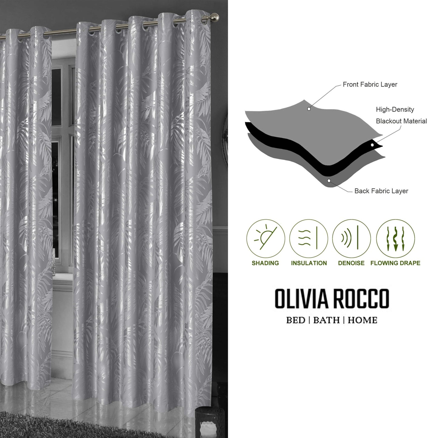 Leaf Silver Sparkle Blackout Curtains Super Soft Thermal Insulated Eyelet Drapes for Living Room & Bedroom 2 Panels by OLIVIA ROCCO