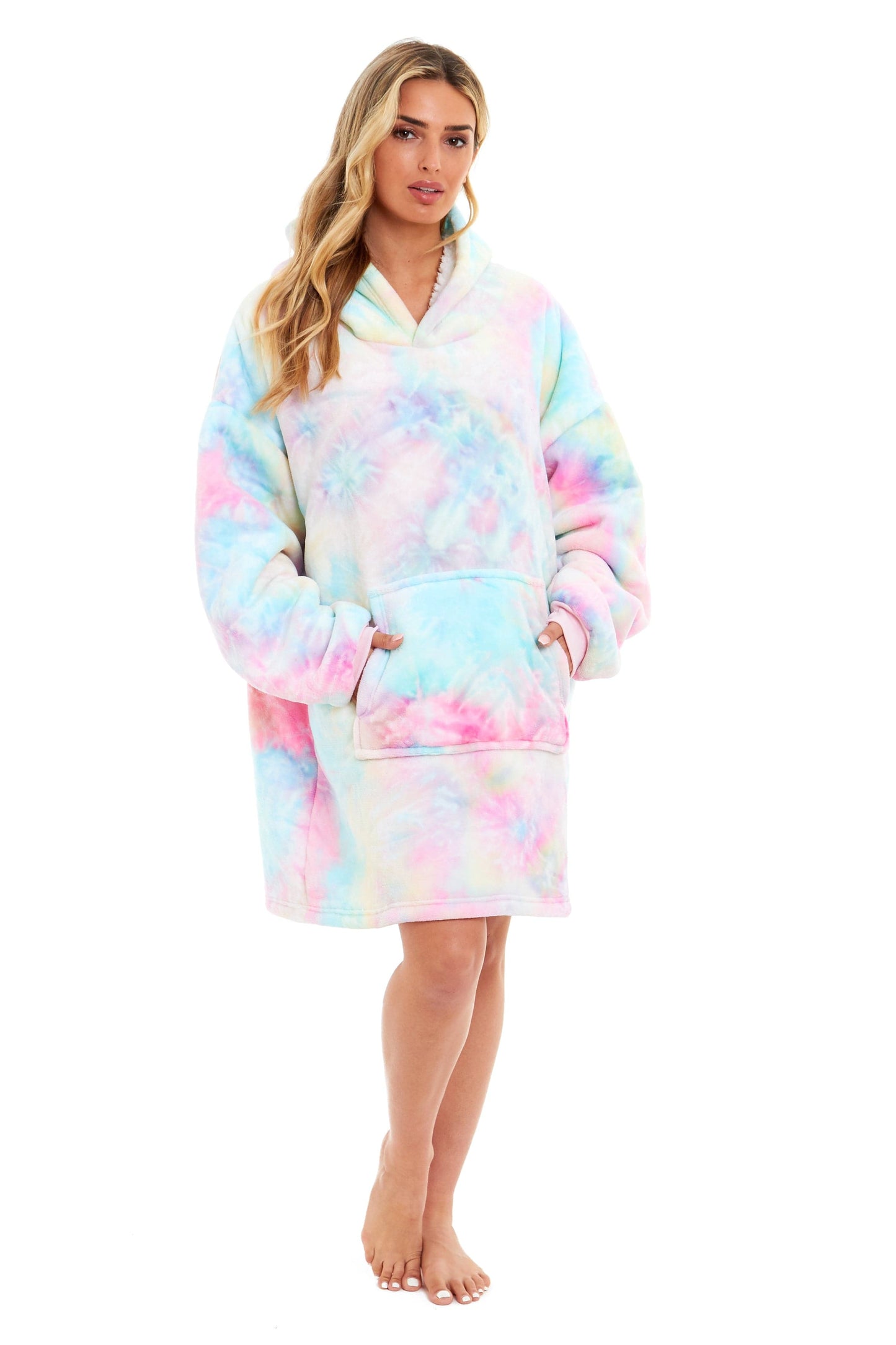 Oversized Tie Dye Rainbow Hooded Plush Fleece Blanket with Reversible Ultra Soft Sherpa, Giant Hoodie Sweatshirt for Adults and Kids with Elastic Cuffs and Pocket by Daisy Dreamer