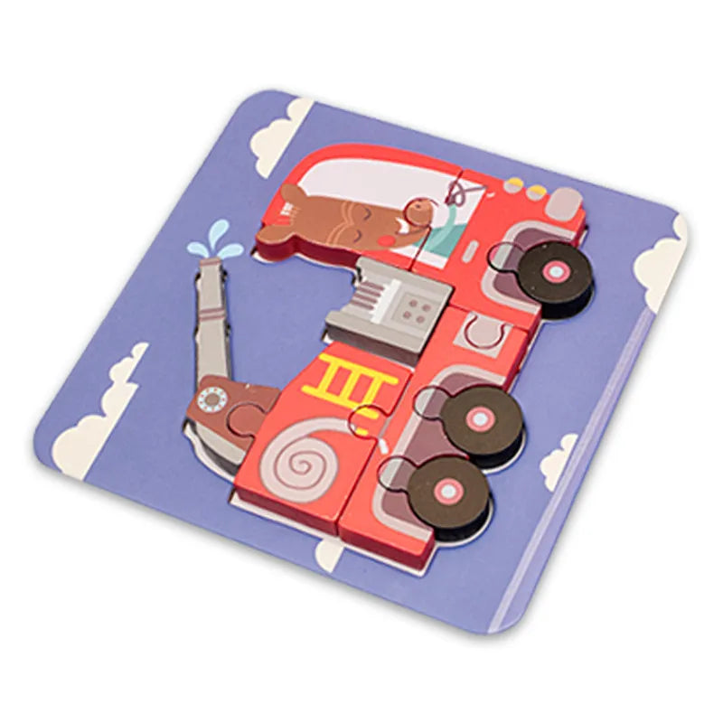 Children's Cartoon 3D Wooden Puzzle Educational Cognitive Animal Enrichment Toy Transportation Vehicle Assembly Kit
