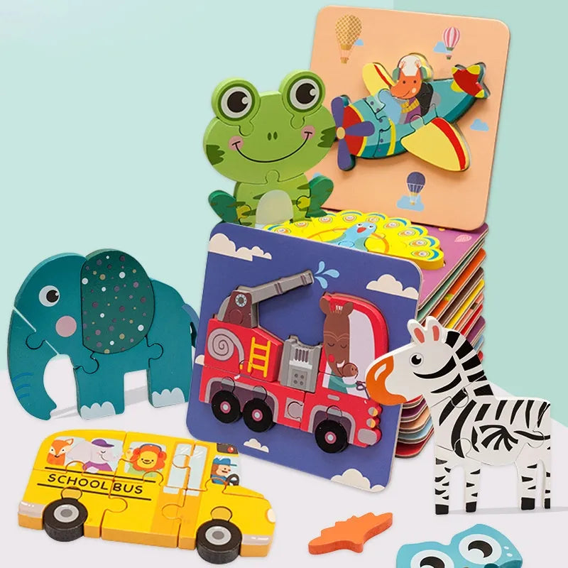 Children's Cartoon 3D Wooden Puzzle Educational Cognitive Animal Enrichment Toy Transportation Vehicle Assembly Kit