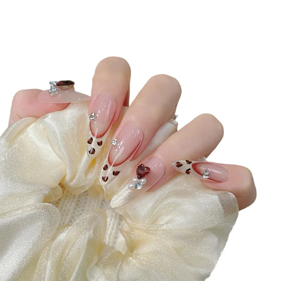 New Handmade Long French Style Leopard Print Cat Eye Cool White Wearable Nail False Nails Detachable Fairy Nail Art Design